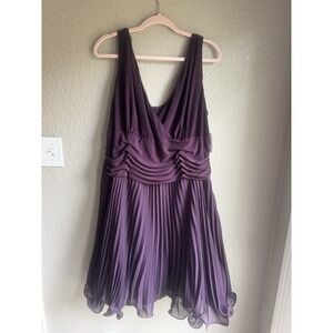 Purple Party Dress Y2k VTG Pleated Ruched Low VNeck‎ Midi Flouncy Ruffle 24W NEW